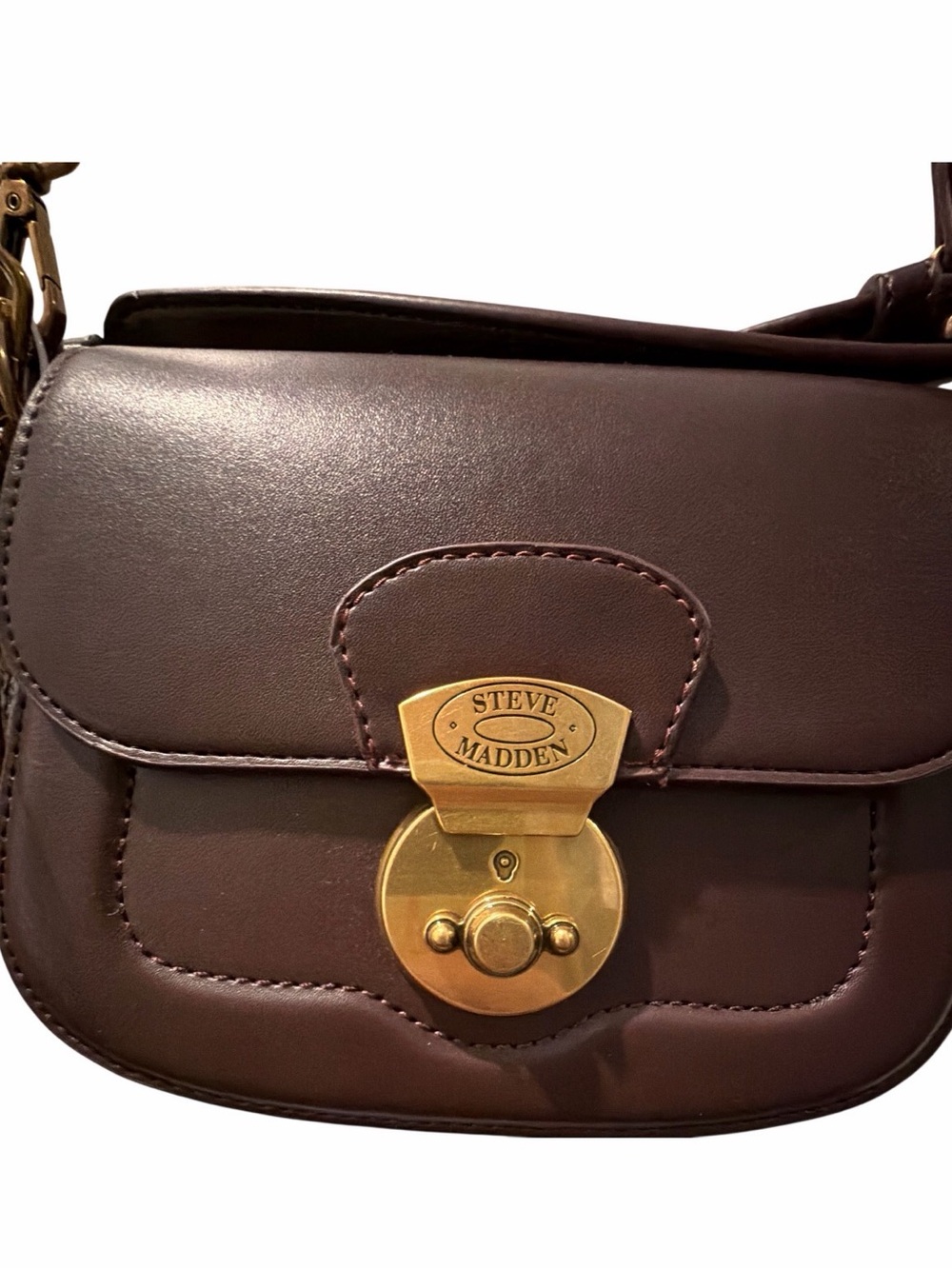 Steve Madden Chocolate Brown Leather Crossbody with Gold-Tone Lock